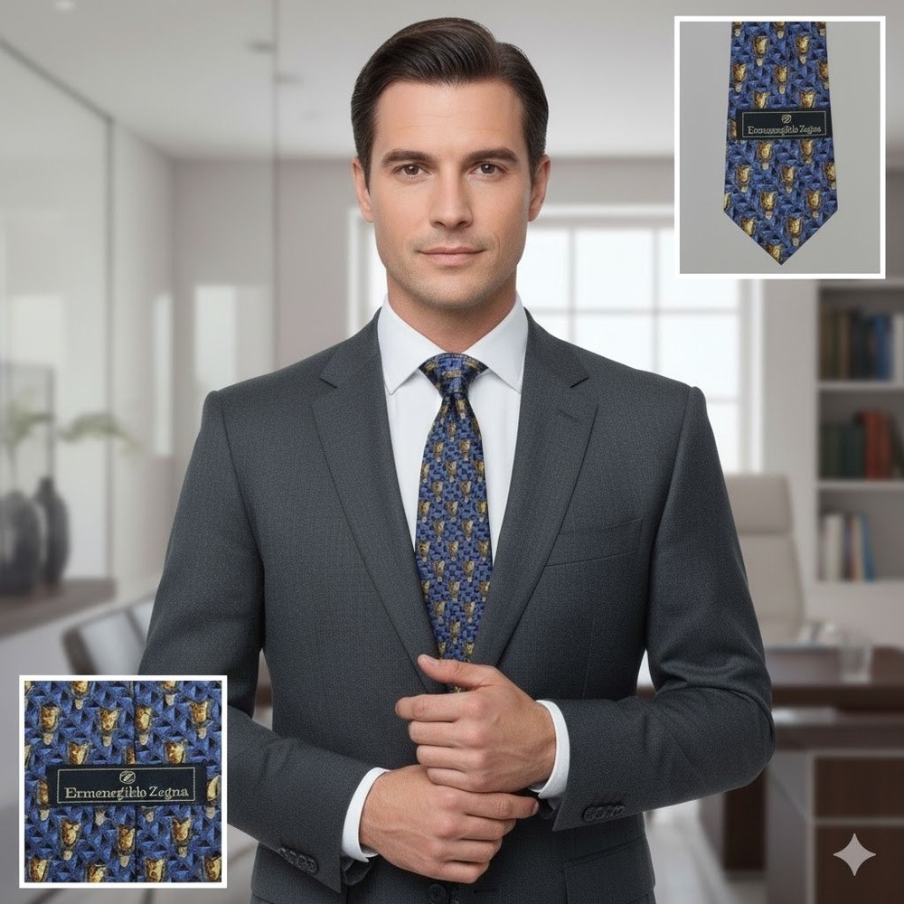 Ermenegildo Zegna Silk Tie Blue Gold Geometric Pattern‎ Mens Luxury